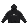 The Apex Hoodie in black, front view — high stand-up neck with hood up, white contrast piping running from each shoulder to the cuff, and the cream Apex Form Athletics chest mark.