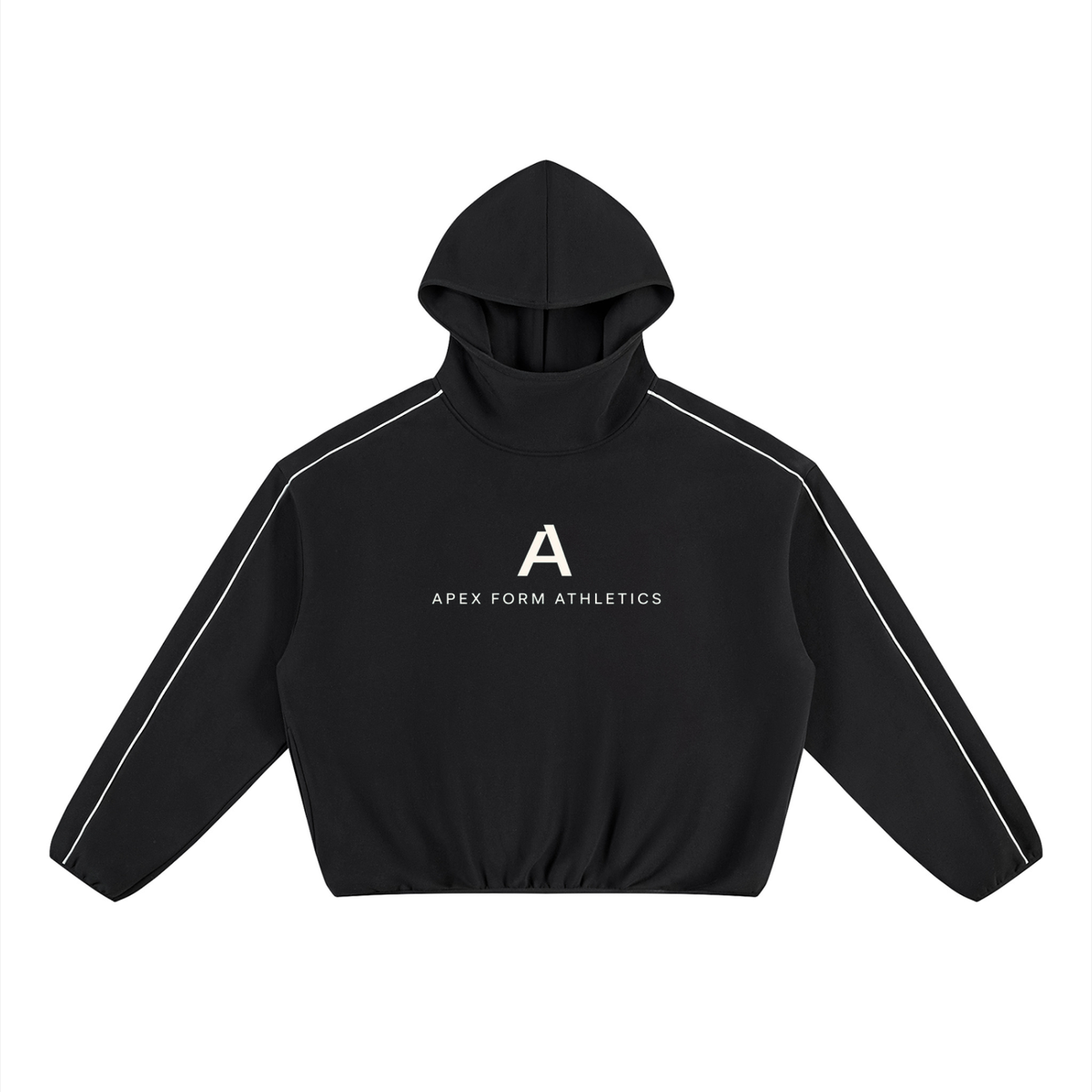 The Apex Hoodie in black, front view — high stand-up neck with hood up, white contrast piping running from each shoulder to the cuff, and the cream Apex Form Athletics chest mark.