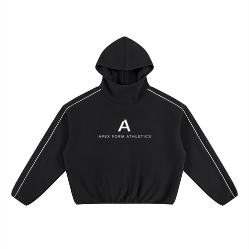 The Apex Hoodie in black, front view — high stand-up neck with hood up, white contrast piping running from each shoulder to the cuff, and the cream Apex Form Athletics chest mark.