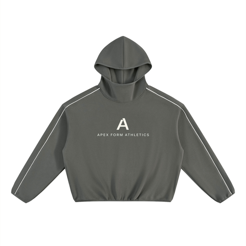 The Apex Hoodie in gray, front view — high stand-up neck with hood up, white contrast piping from shoulder to cuff, and the cream Apex Form Athletics chest mark.